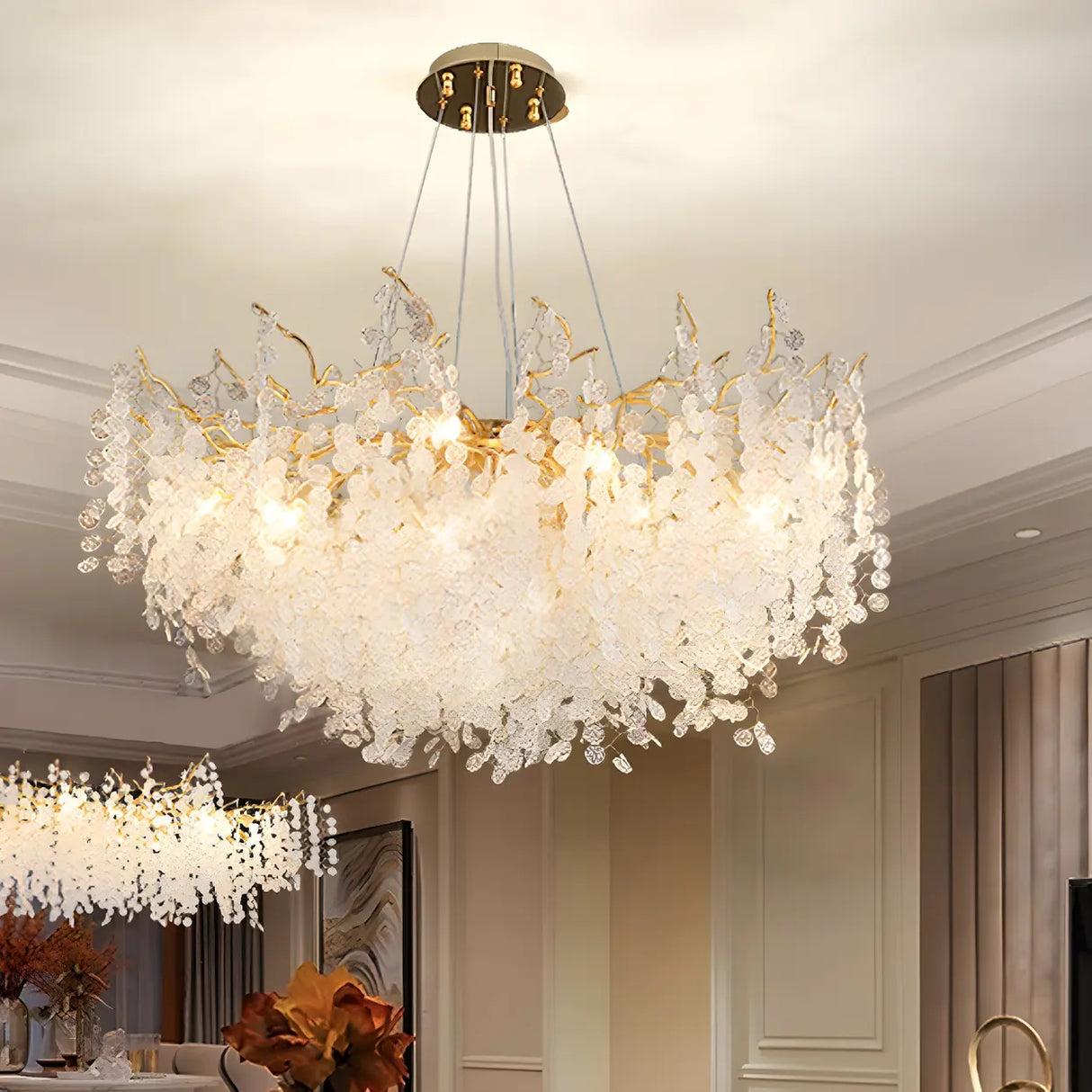 Elegant Gold Branch Leaf Clear Glass Pendant Chandelier Image - 8