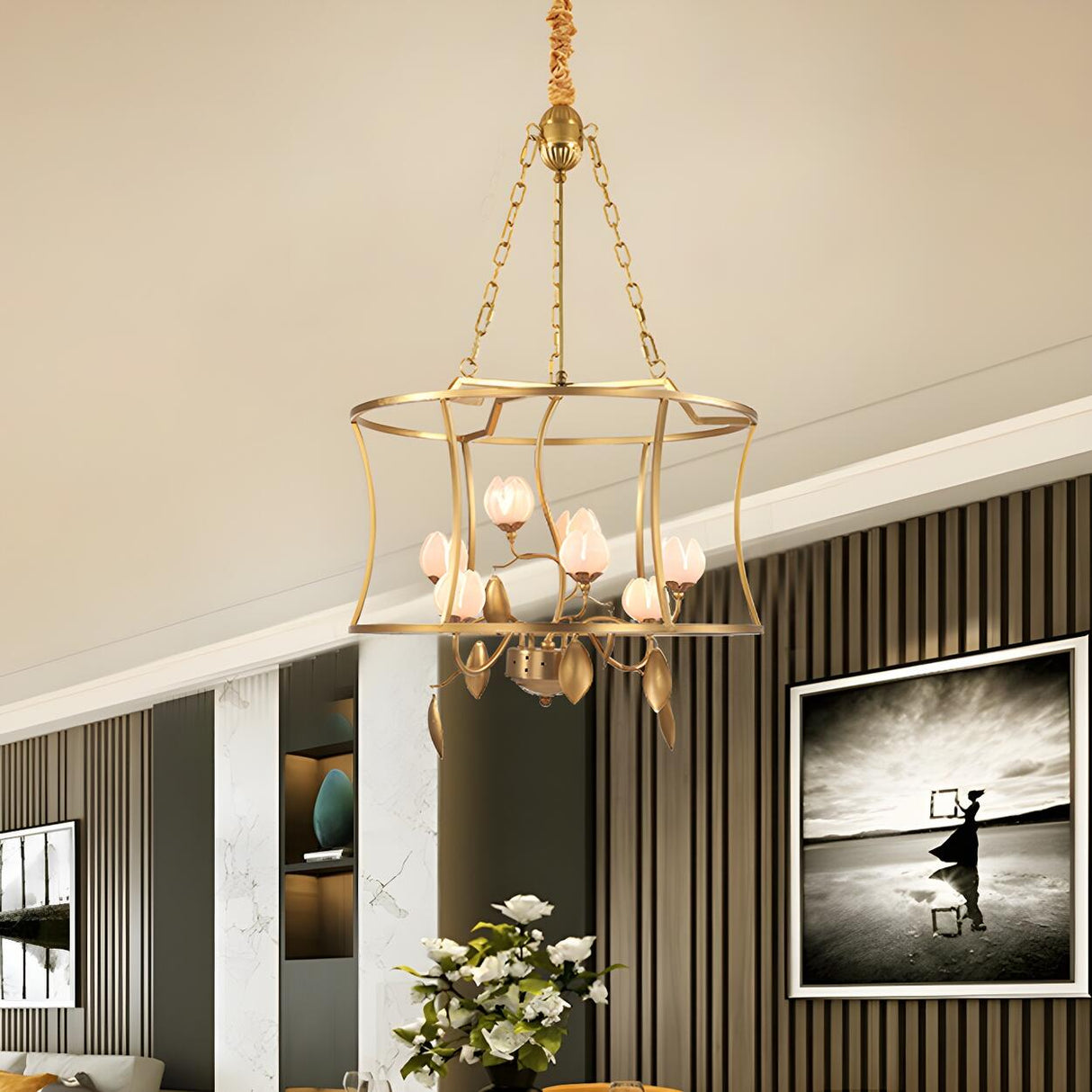 Elegant Gold Cage Floral Lotus Pendant Chandelier Image - 6