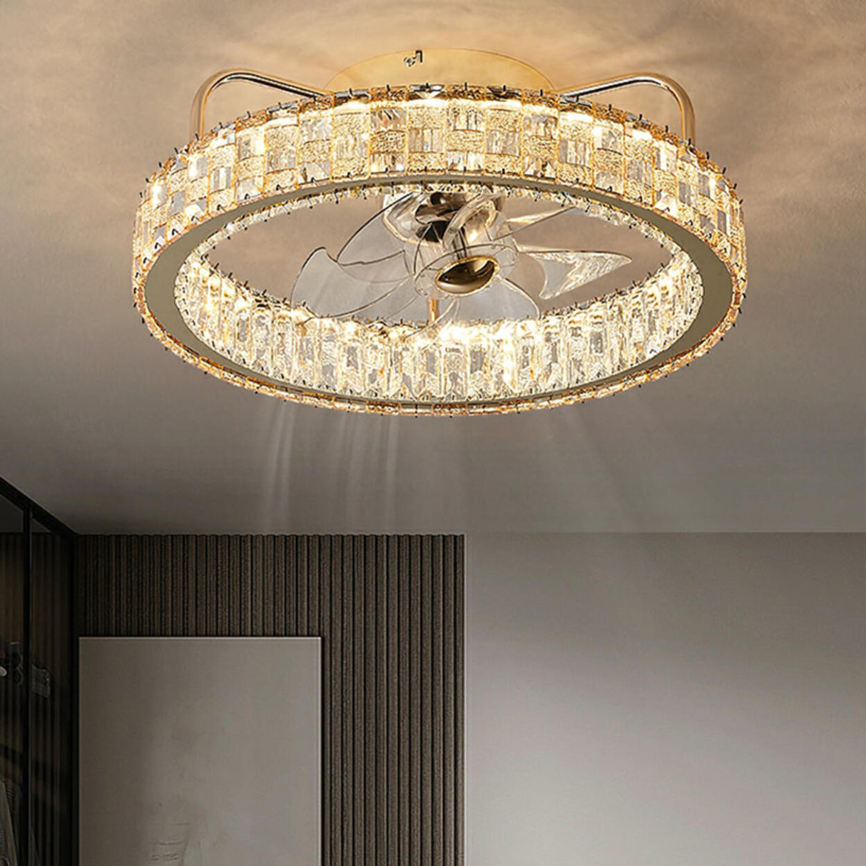 Elegant Gold Circle Crystal Decor LED Ceiling Fan Light Image - 2