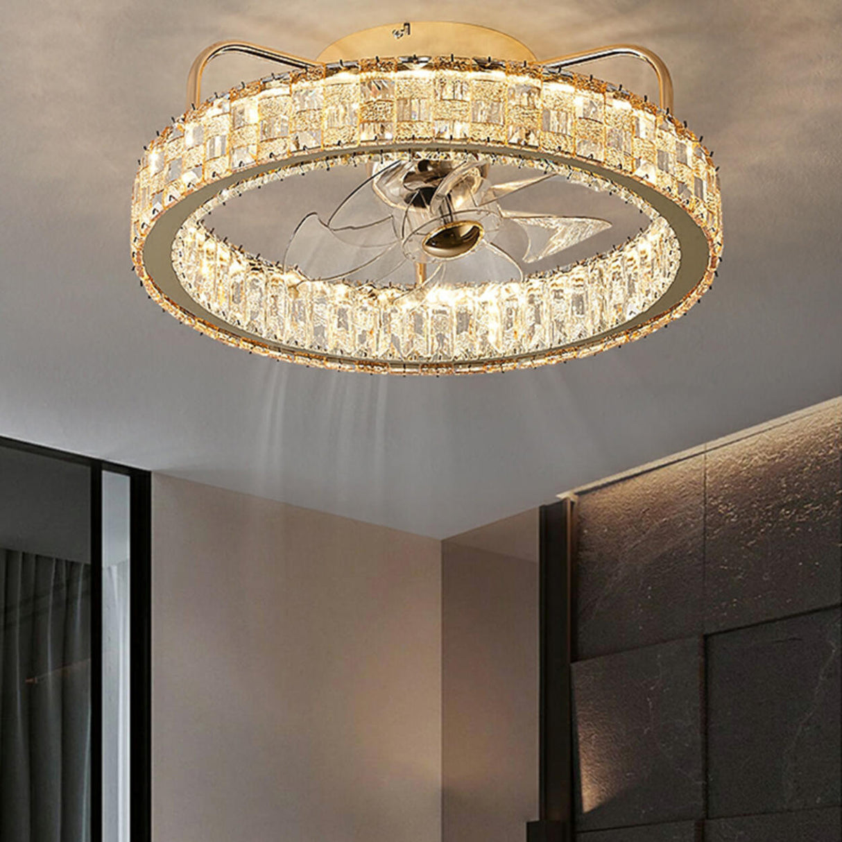 Elegant Gold Circle Crystal Decor LED Ceiling Fan Light Image - 3