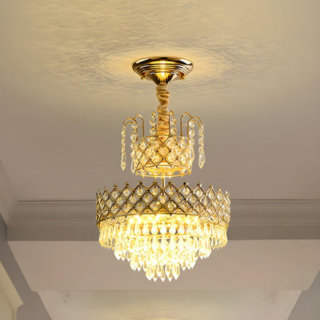 Elegant Gold Crystal 2 Tiers Flush Mount Chandelier Image - 1