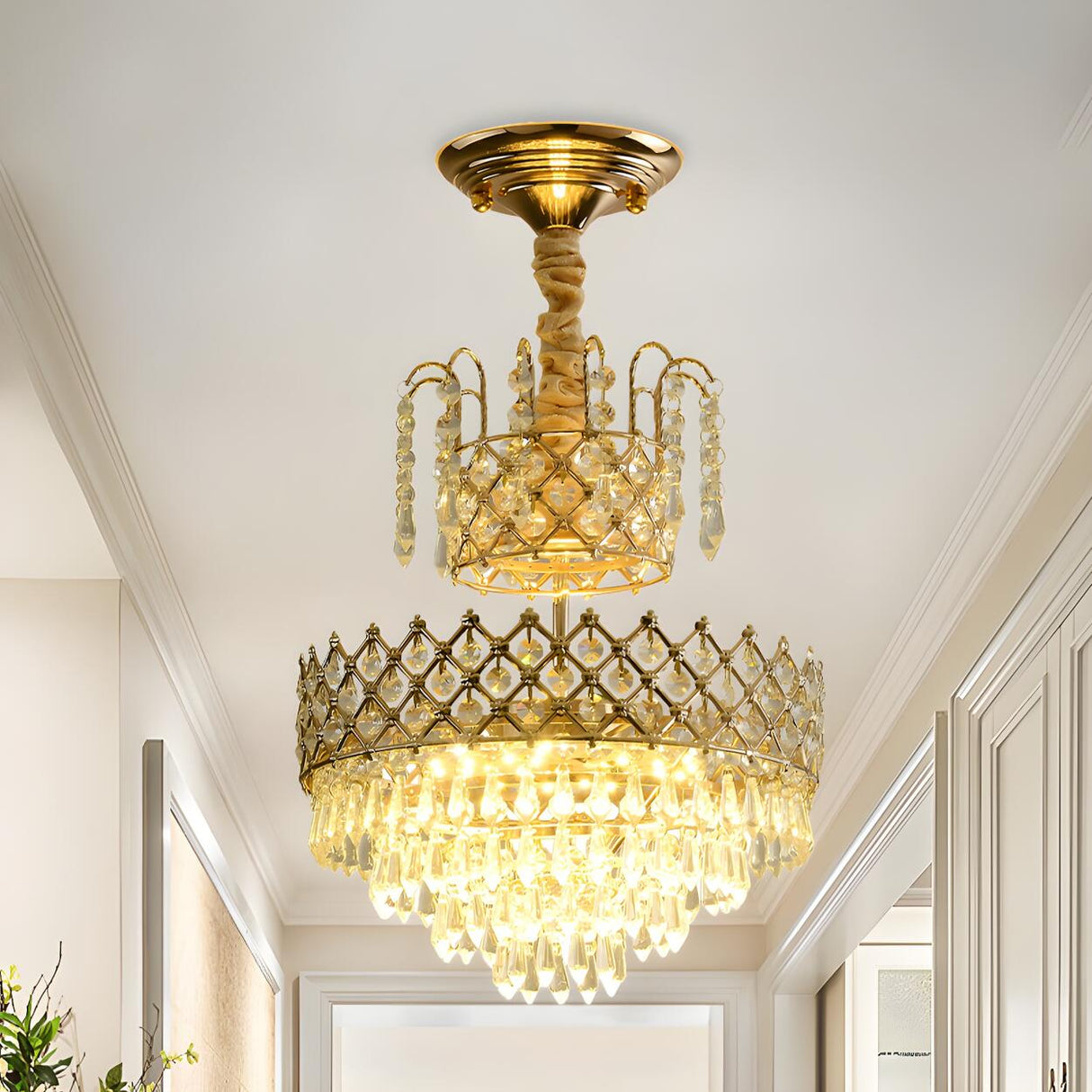 Elegant Gold Crystal 2 Tiers Flush Mount Chandelier Image - 2