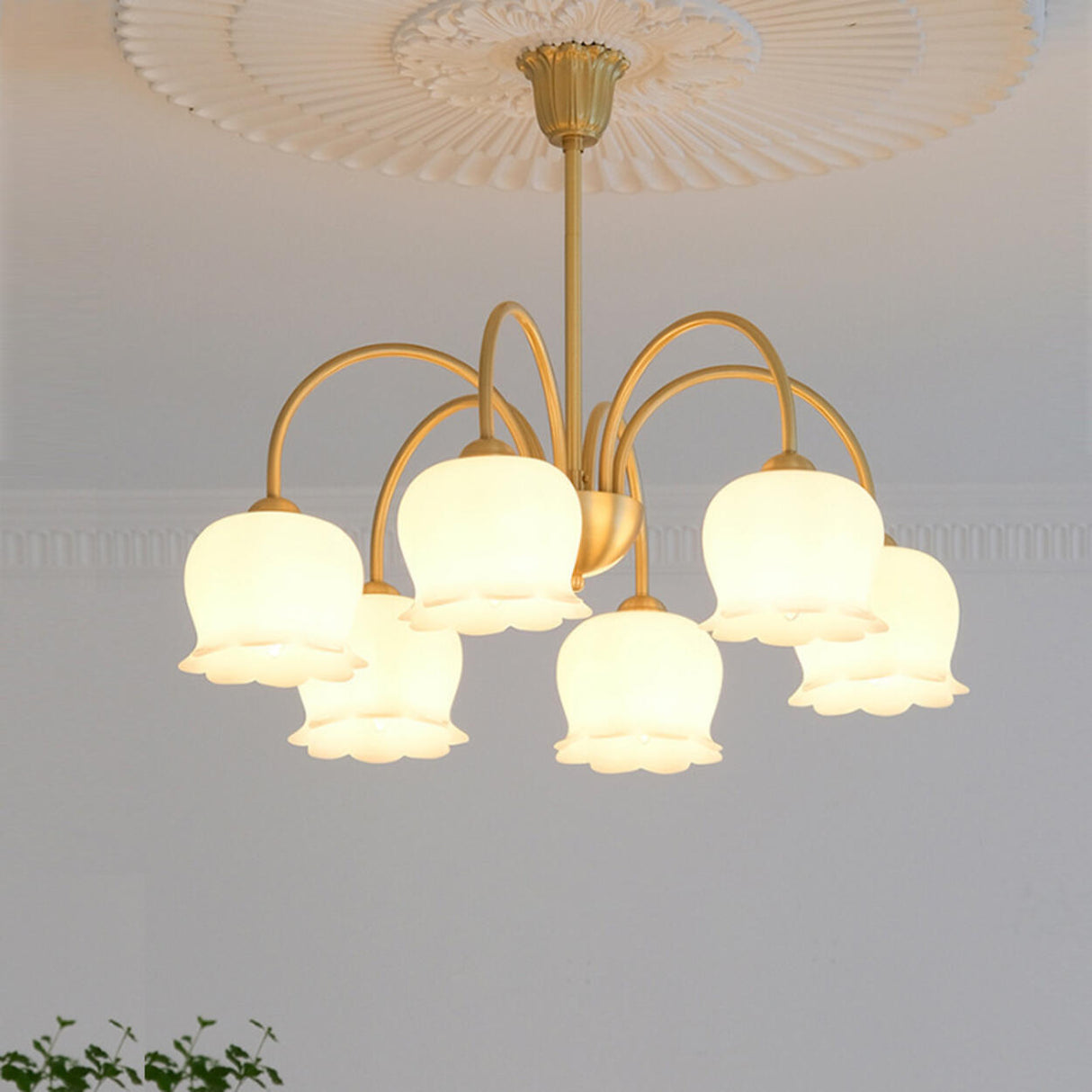 Elegant Gold Finish White Resin Floral Chandelier  Image - 3