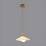 Elegant Gold Finish White Ruffled Glass Flower Pendant Light Image - 1