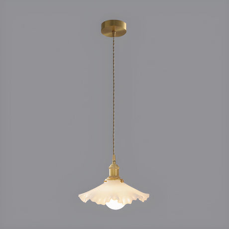 Elegant Gold Finish White Ruffled Glass Flower Pendant Light Image - 1