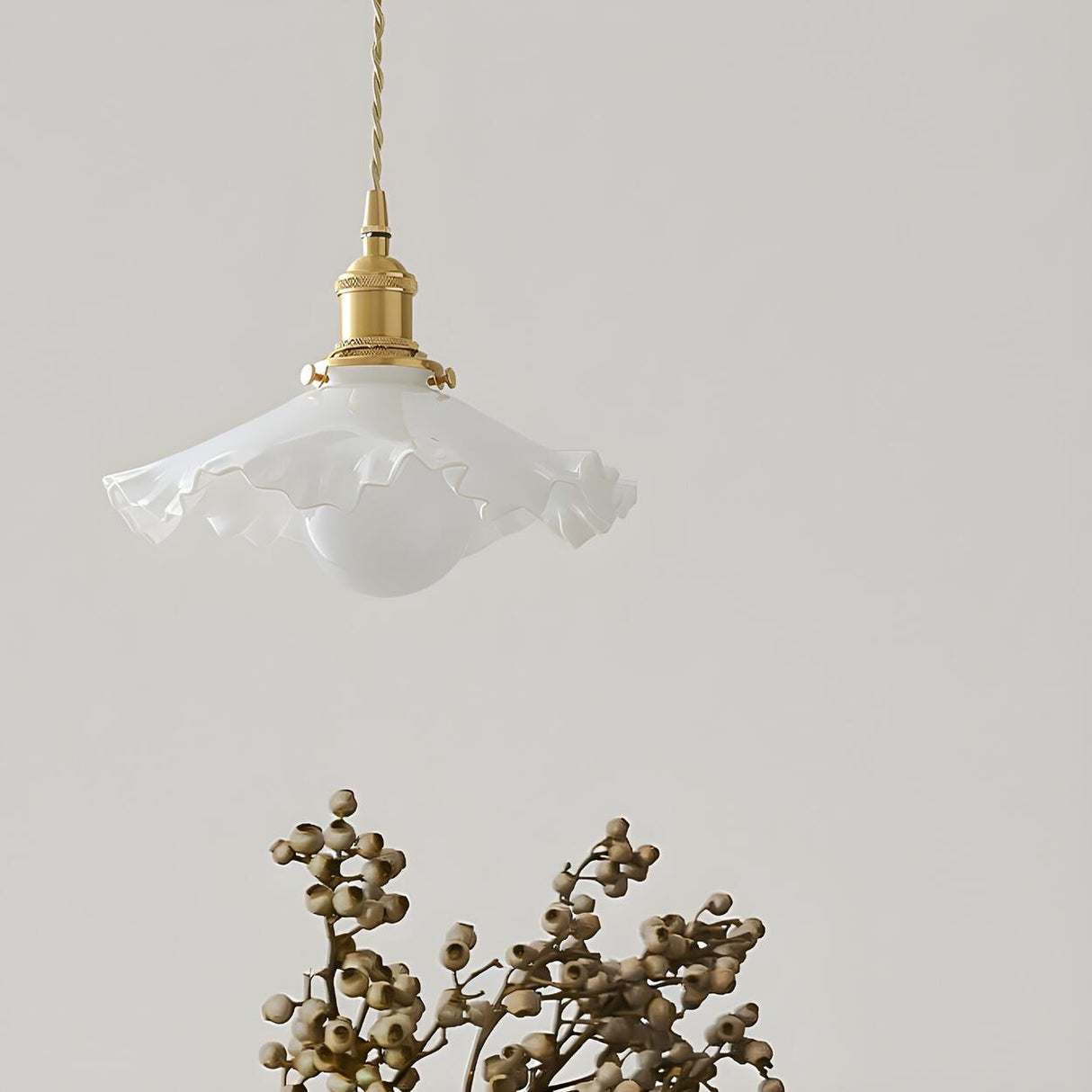 Elegant Gold Finish White Ruffled Glass Flower Pendant Light Image - 8