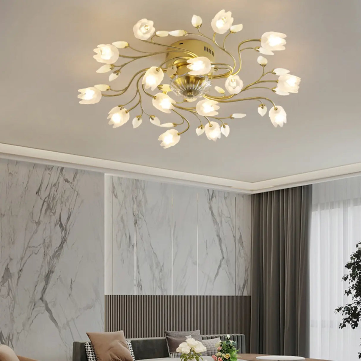 Elegant Gold Floral LED Semi-Flush Mount Ceiling Light Image - 1