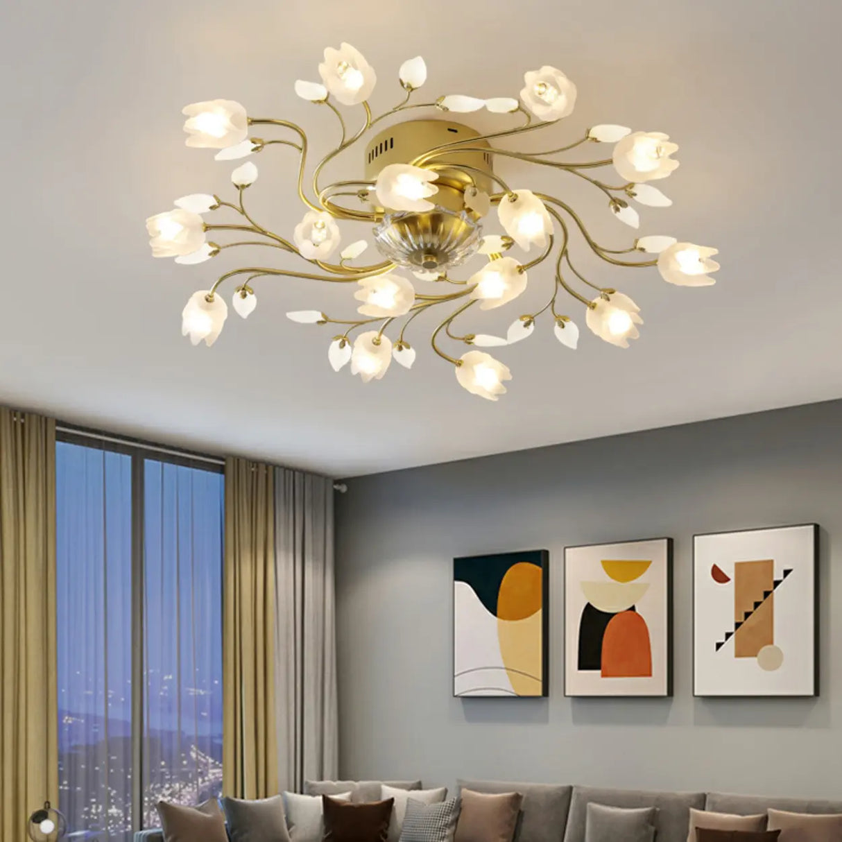 Elegant Gold Floral LED Semi-Flush Mount Ceiling Light Image - 3