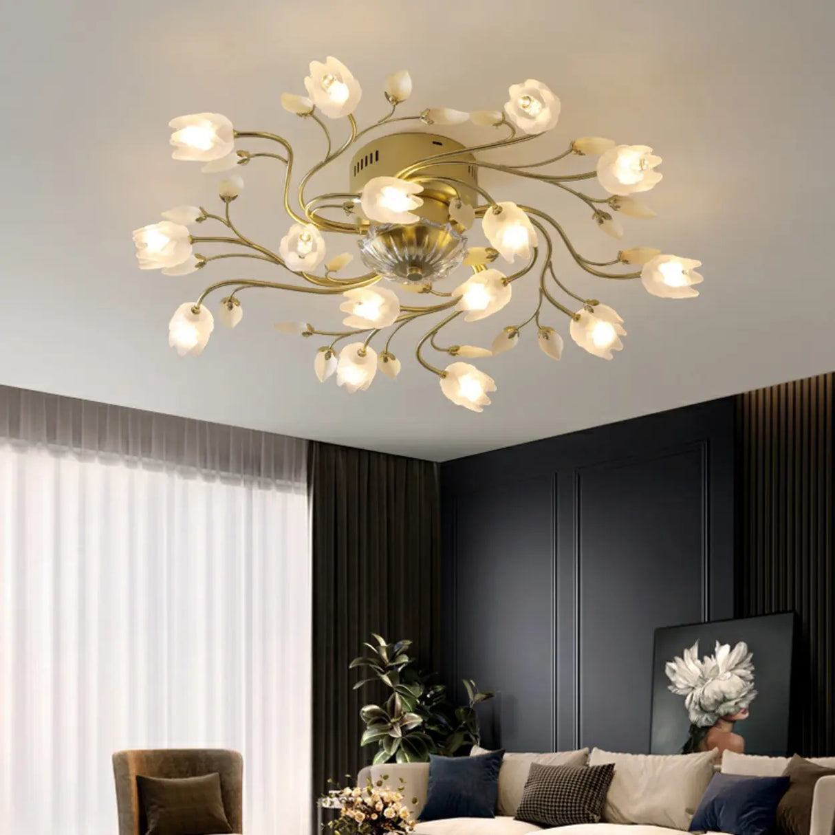 Elegant Gold Floral LED Semi-Flush Mount Ceiling Light Image - 4