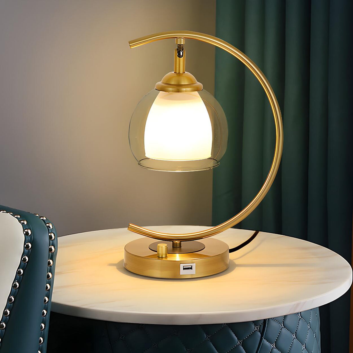 Elegant Golden Curved Clear Glass Shade Table Lamp Image - 3