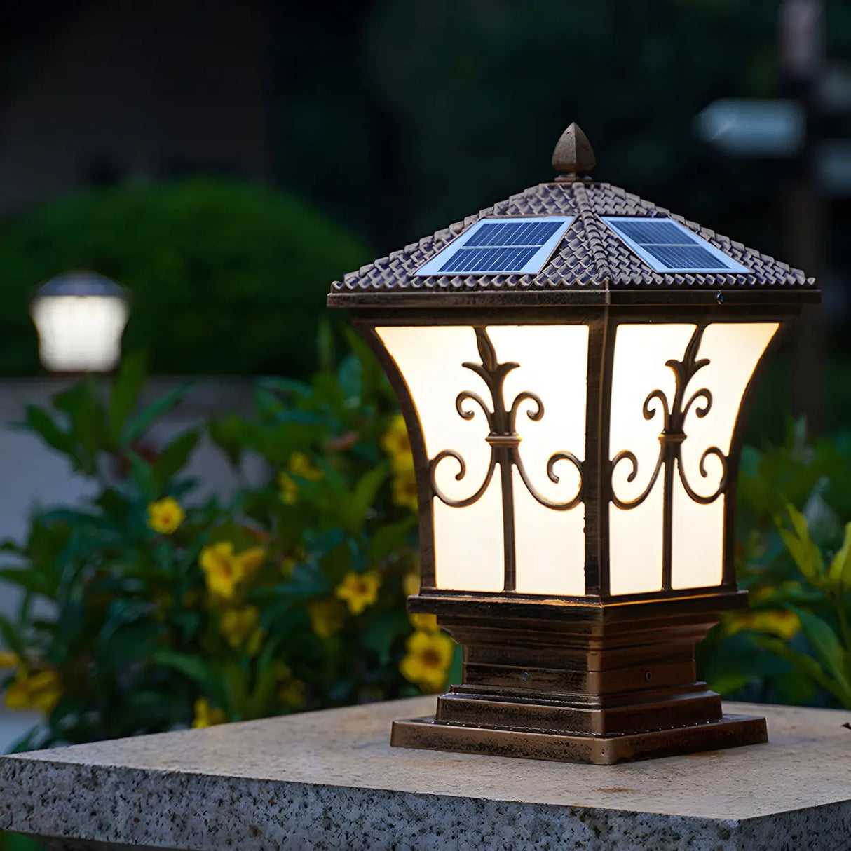 Elegant Golden Solar Copper Outdoor Lantern Table Lamp Image - 5