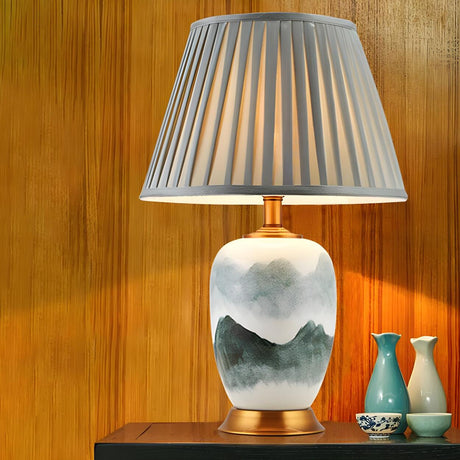 Elegant Gray Fabric Shade Ceramic Vase Base Table Lamp Image - 1