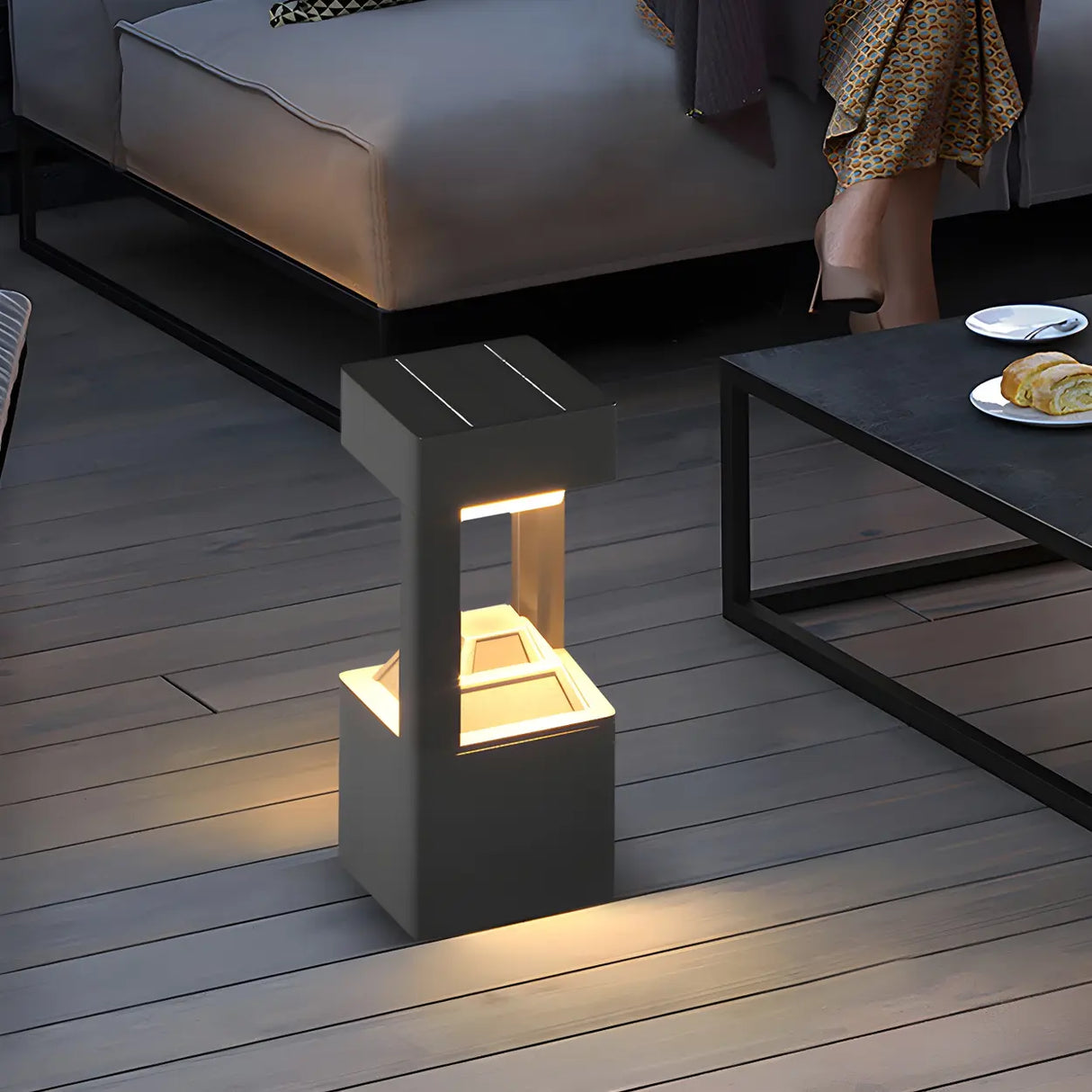 Elegant Gray Modern Cube Metal Outdoor Floor Table Lamp Image - 1