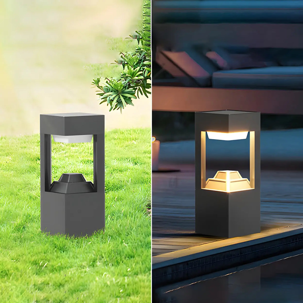 Elegant Gray Modern Cube Metal Outdoor Floor Table Lamp Image - 4