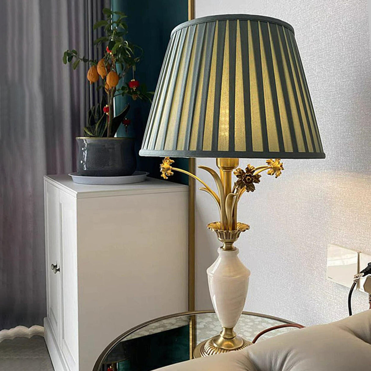 Elegant Green Fabric Shade Vase Base Bedside Table Lamp Image - 4