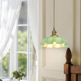 Elegant Green Glass Flower Brass Bedroom Pendant Light Image - 1