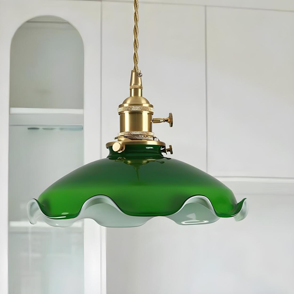 Elegant Green Glass Flower Brass Bedroom Pendant Light Image - 10