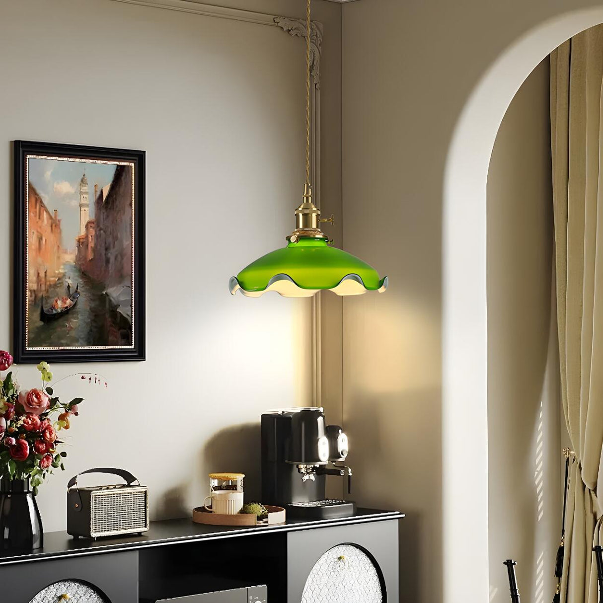 Elegant Green Glass Flower Brass Bedroom Pendant Light Image - 4