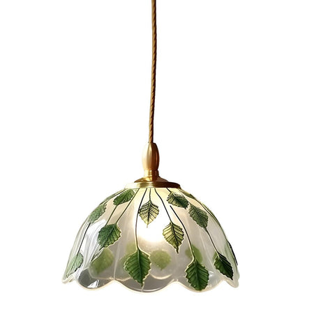 Elegant Green Leaf Patterned Glass DomePendant Light Image - 2