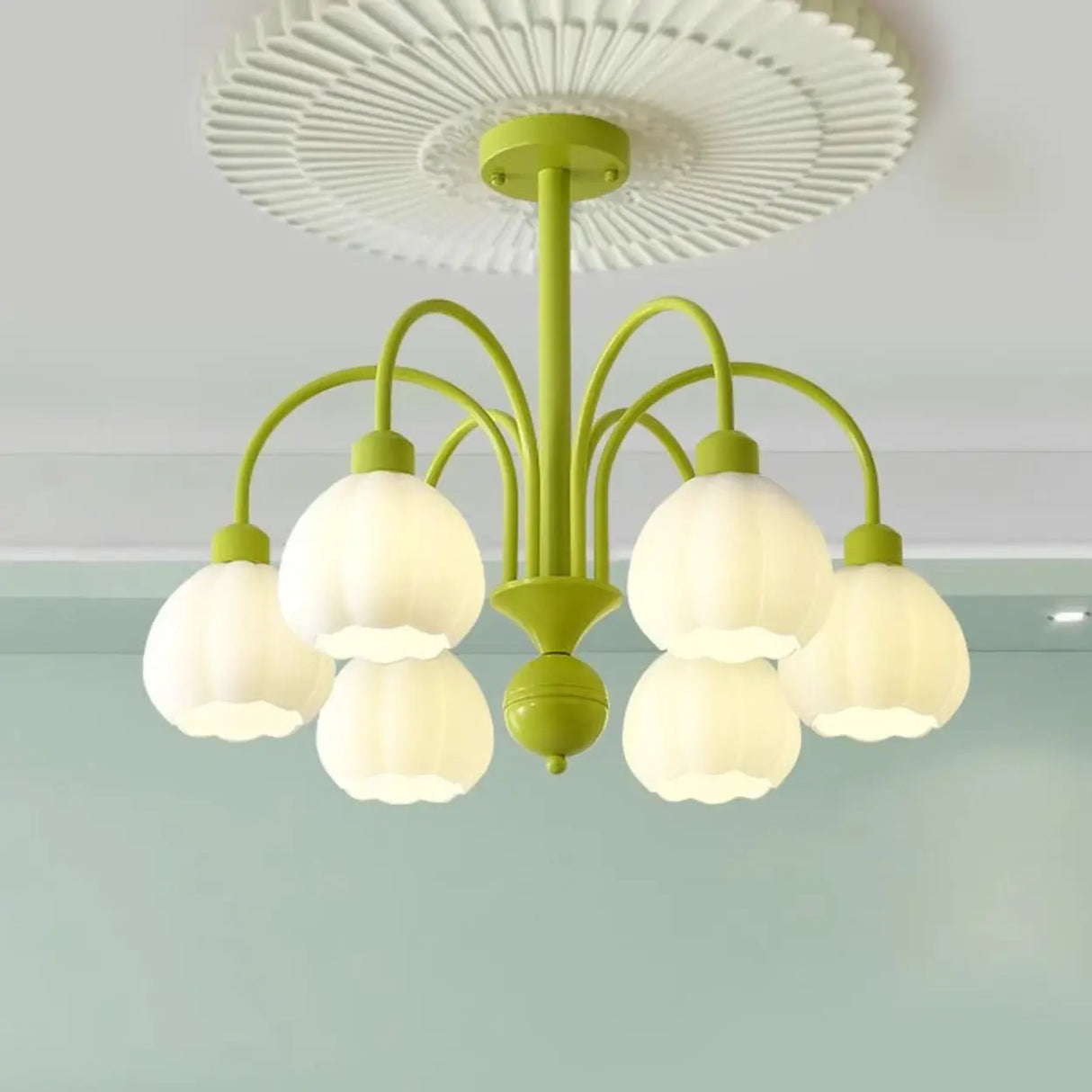 Elegant Green Petal Floral Round Ceiling Chandelier Image - 1