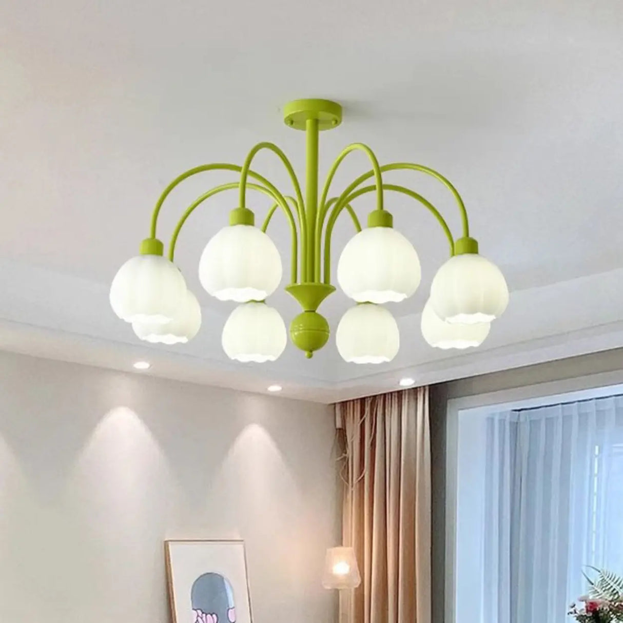 Elegant Green Petal Floral Round Ceiling Chandelier Image - 3