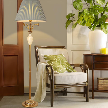 Elegant Green Pleated Shade and Gold Floor Lamp Image - 1