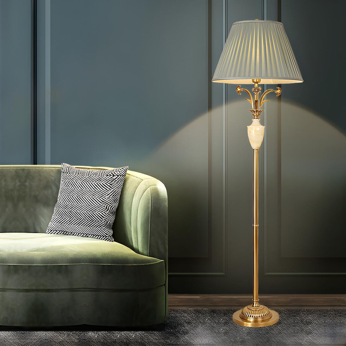 Elegant Green Pleated Shade and Gold Floor Lamp Image - 2