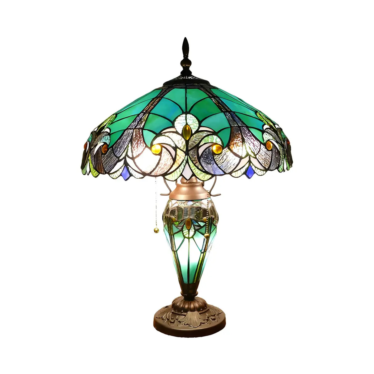 Elegant Green Tiffany Dome Stained Glass Table Lamp Image - 3