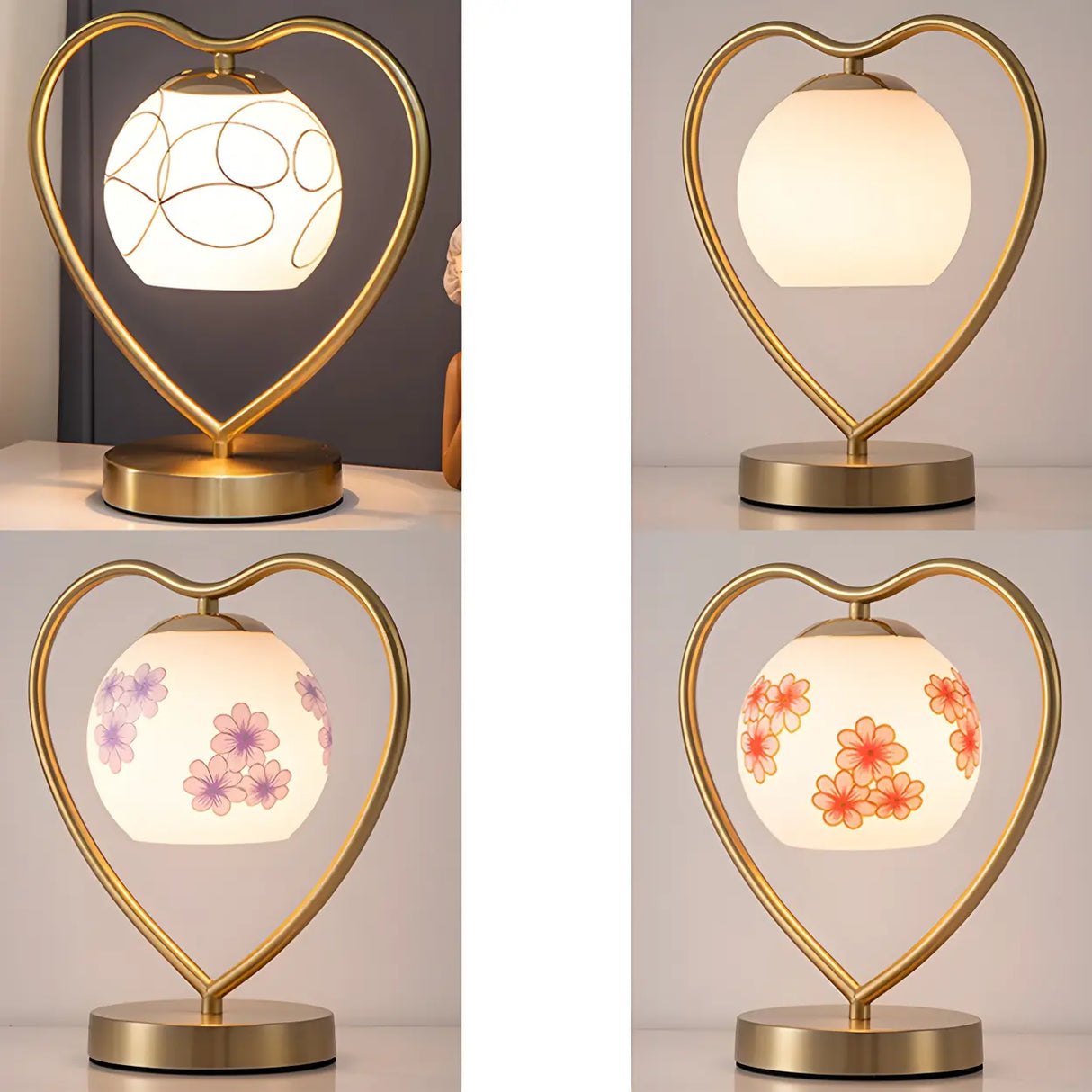 Elegant Heart Metal Frame Bell Glass Shade Table Lamp Image - 10