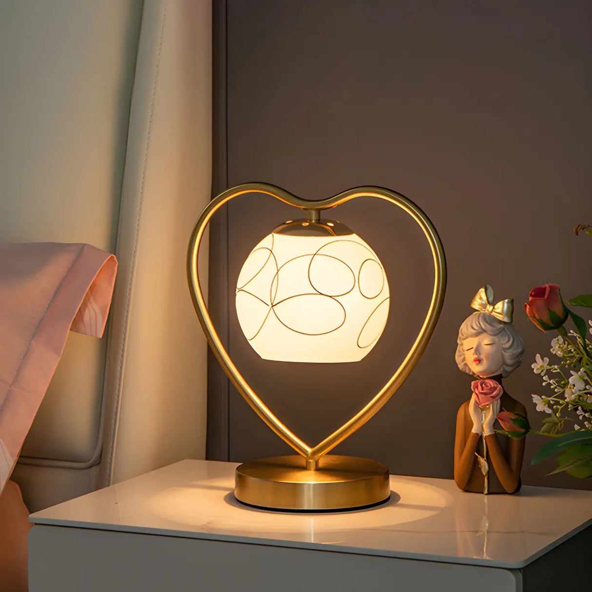 Elegant Heart Metal Frame Bell Glass Shade Table Lamp Image - 14