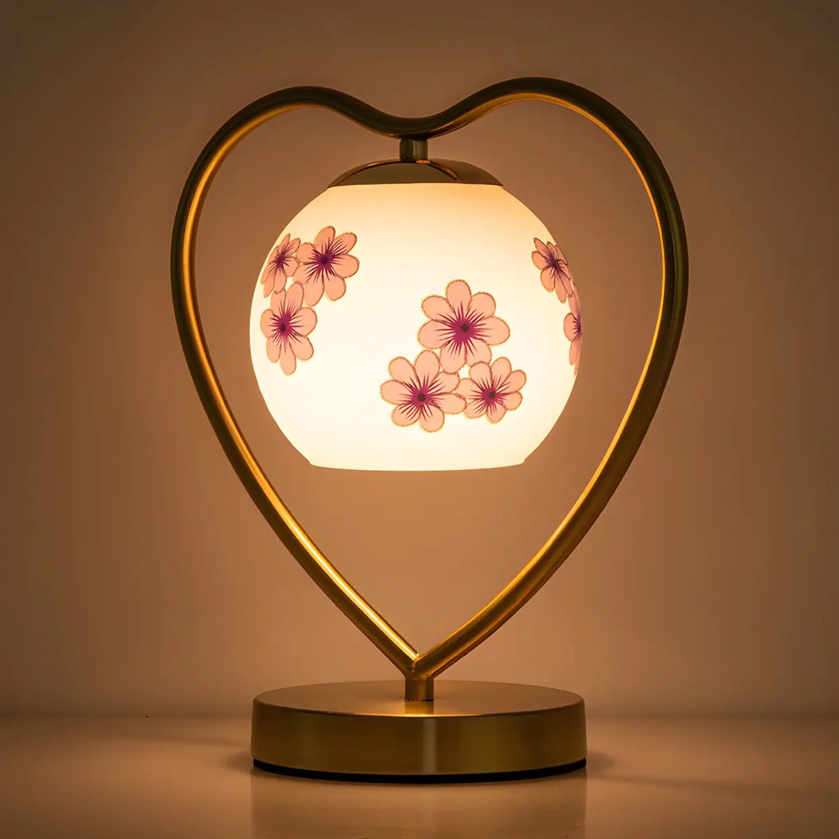 Elegant Heart Metal Frame Bell Glass Shade Table Lamp Image - 3