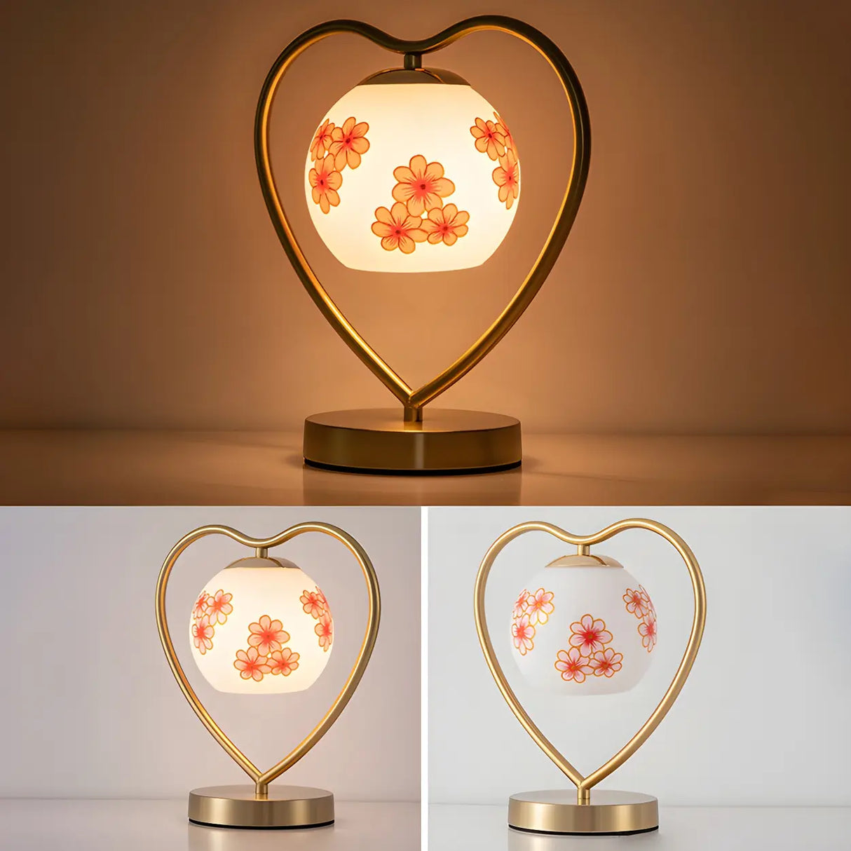 Elegant Heart Metal Frame Bell Glass Shade Table Lamp Image - 7