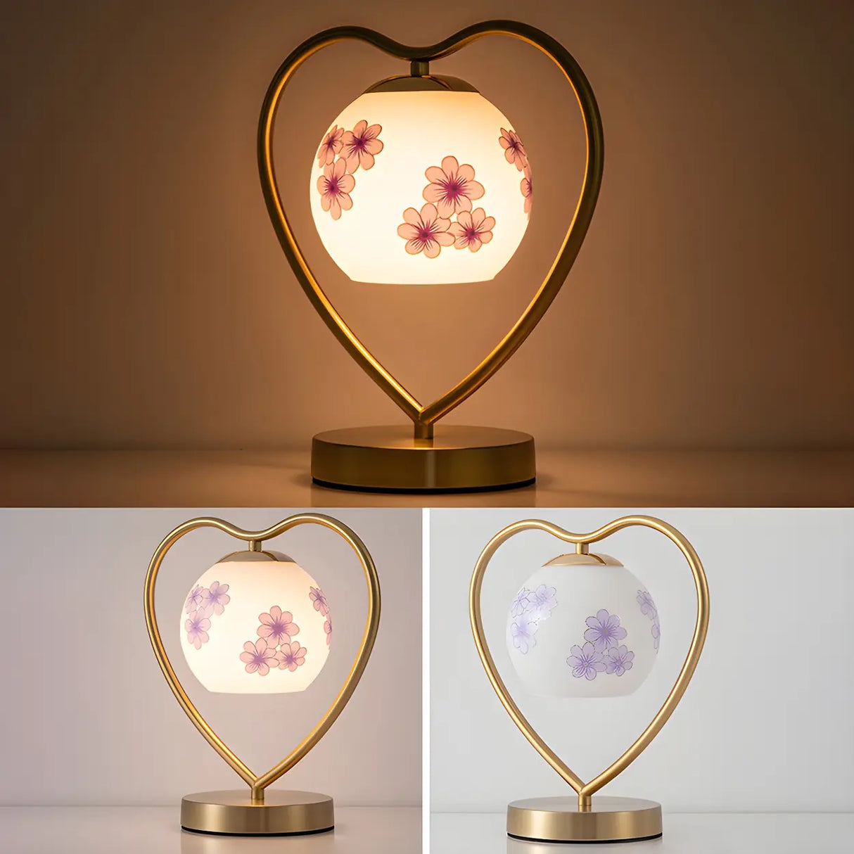 Elegant Heart Metal Frame Bell Glass Shade Table Lamp Image - 8