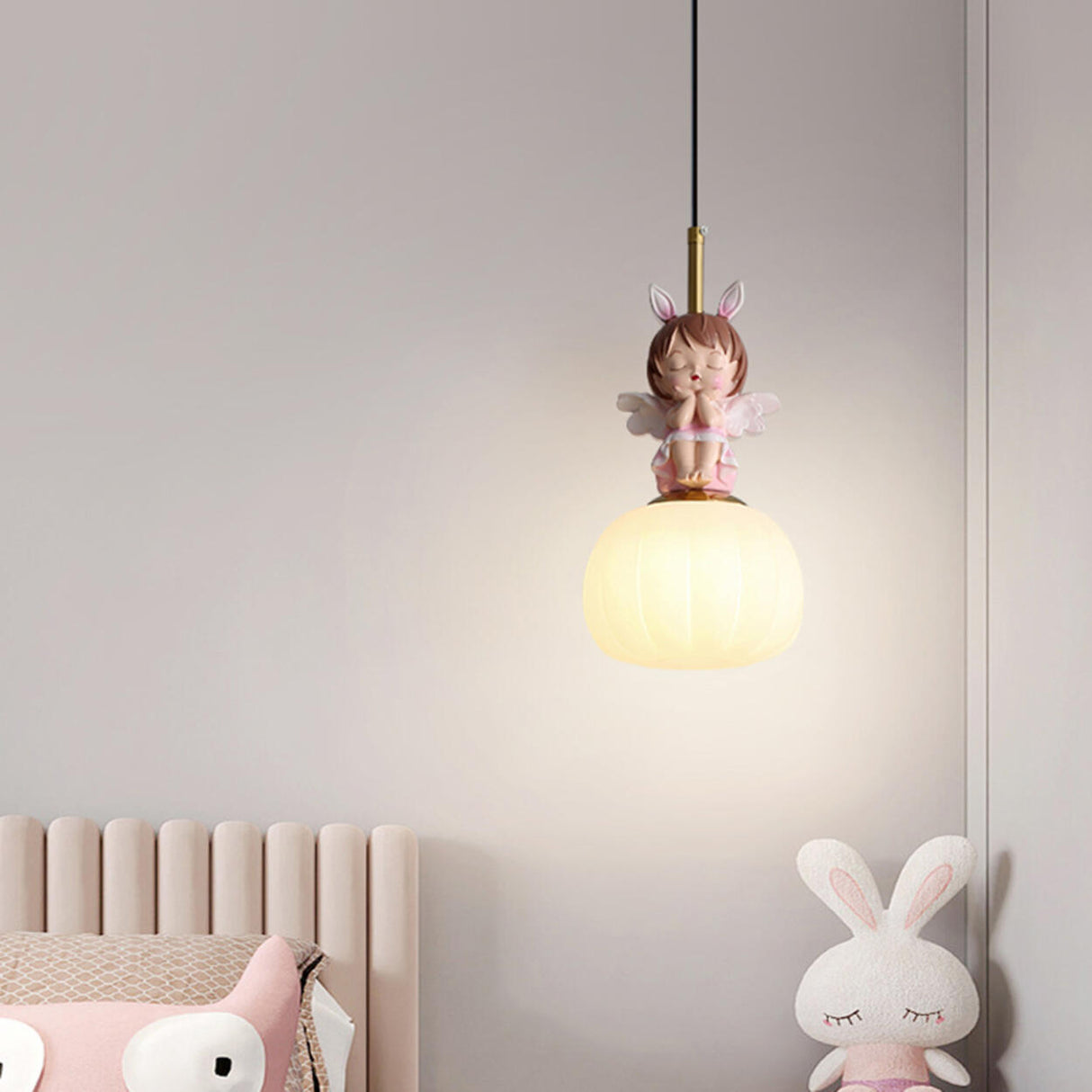 Elegant Kids Room Pink Resin Cute Angel Pendant Light Image - 4