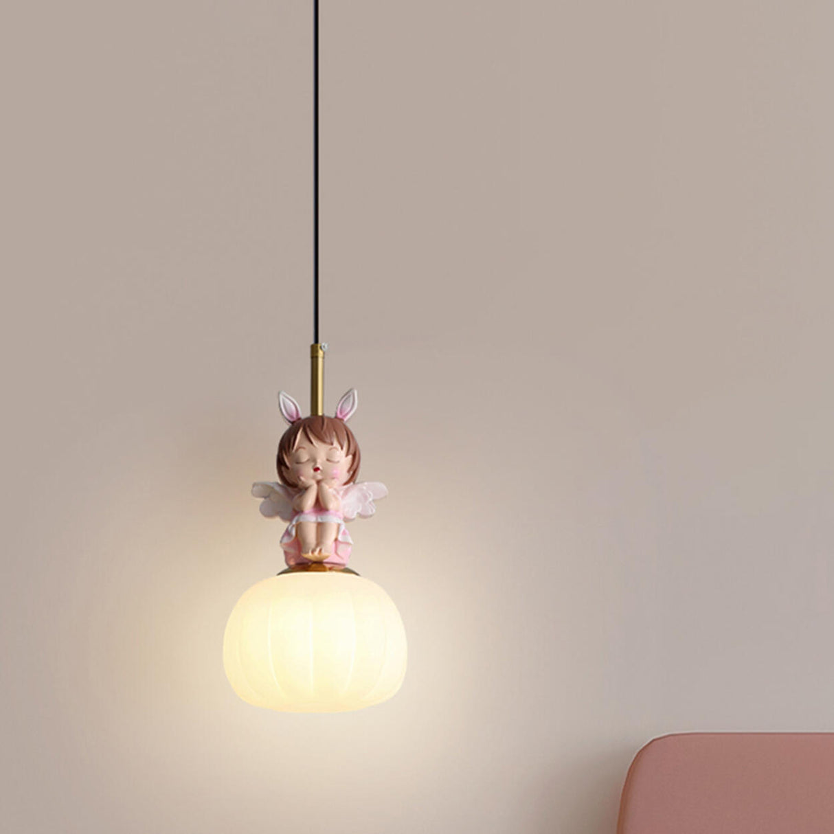 Elegant Kids Room Pink Resin Cute Angel Pendant Light Image - 6