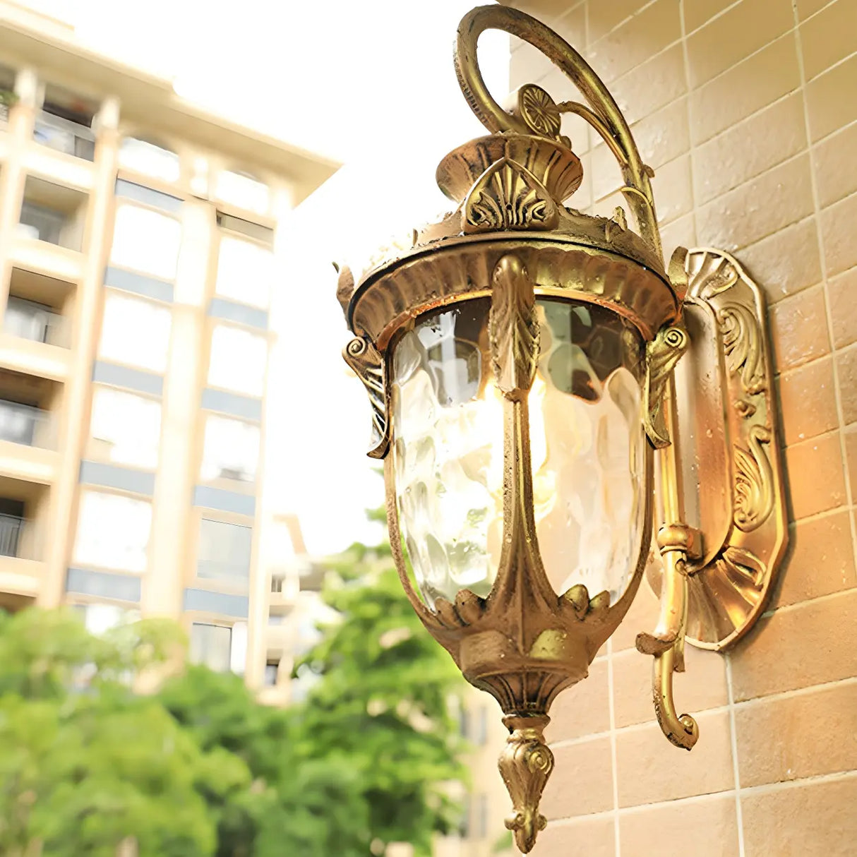 Elegant Lantern Bronze Glass Outdoor LED Wall Lamp Image - 10