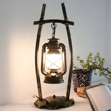 Elegant Lantern Opal Glass Shade Black Metal Table Lamp Image - 2