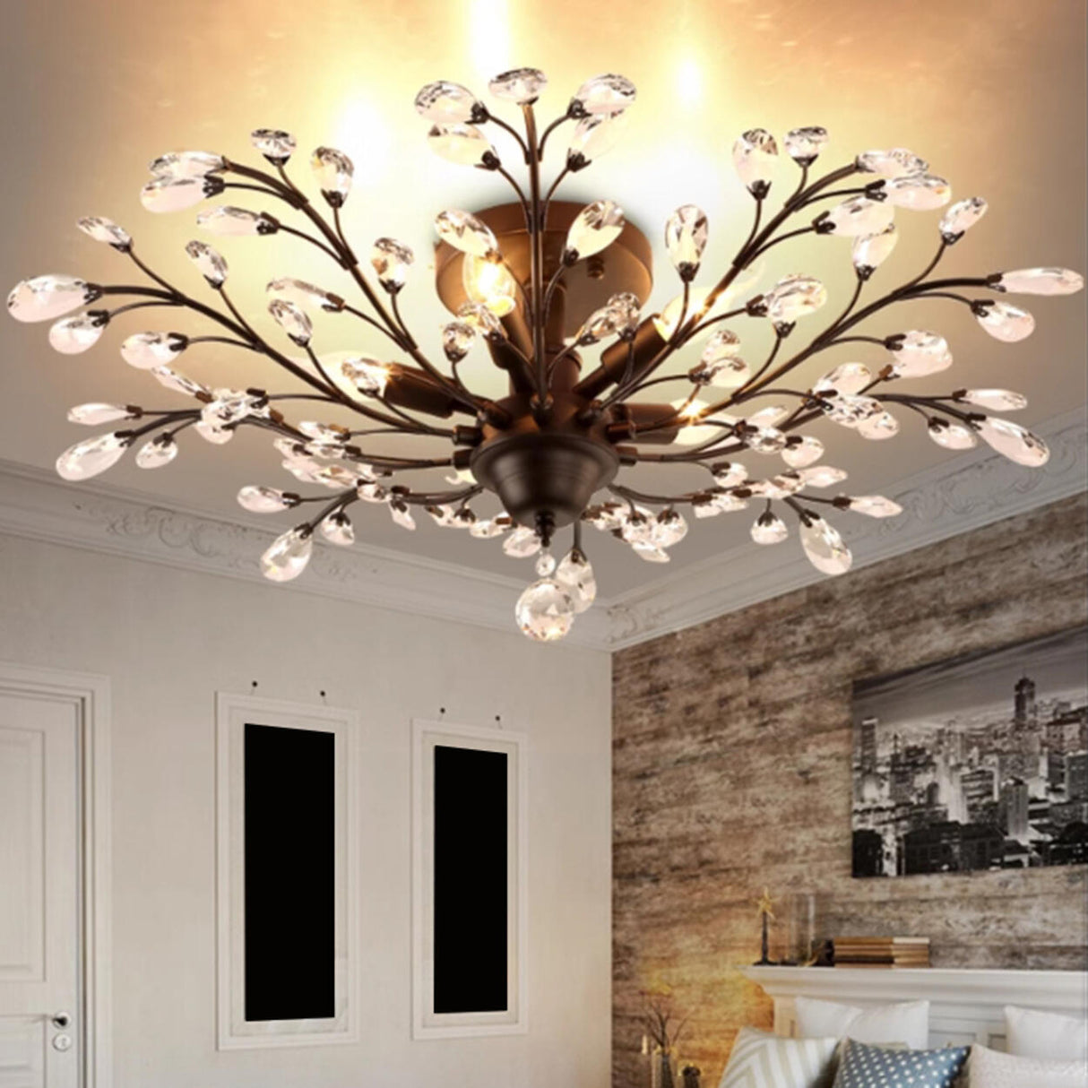 Elegant Large Crystal Branch Semi-Flush Mount Light Image - 4