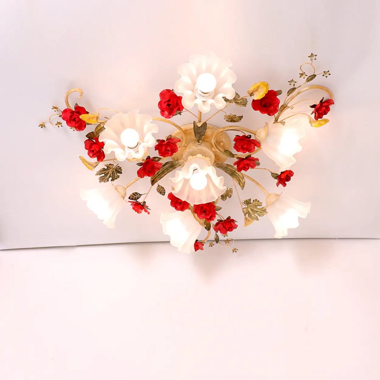 Elegant Large Red Floral Semi-Flush Mount Ceiling Light Image - 2