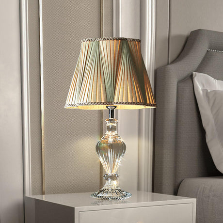 Elegant Light Green Pleated Shade Crystal Table Lamp Image - 1