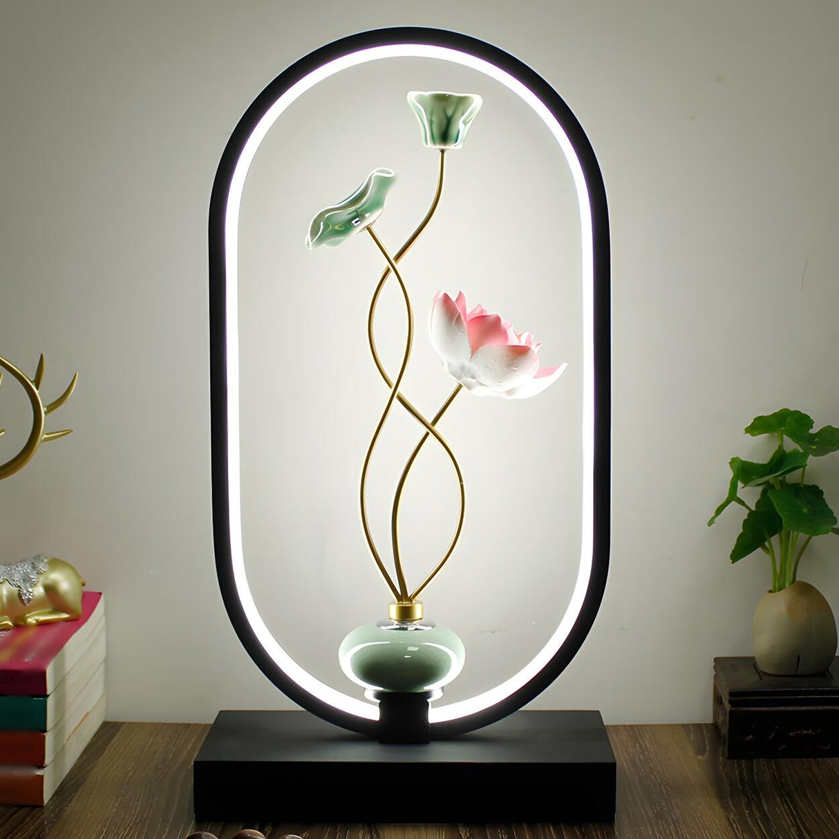 Elegant Lotus Black Geometric Frame Decor Table Lamp Image - 1