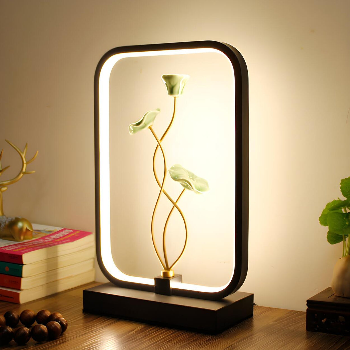 Elegant Lotus Black Geometric Frame Decor Table Lamp Image - 14