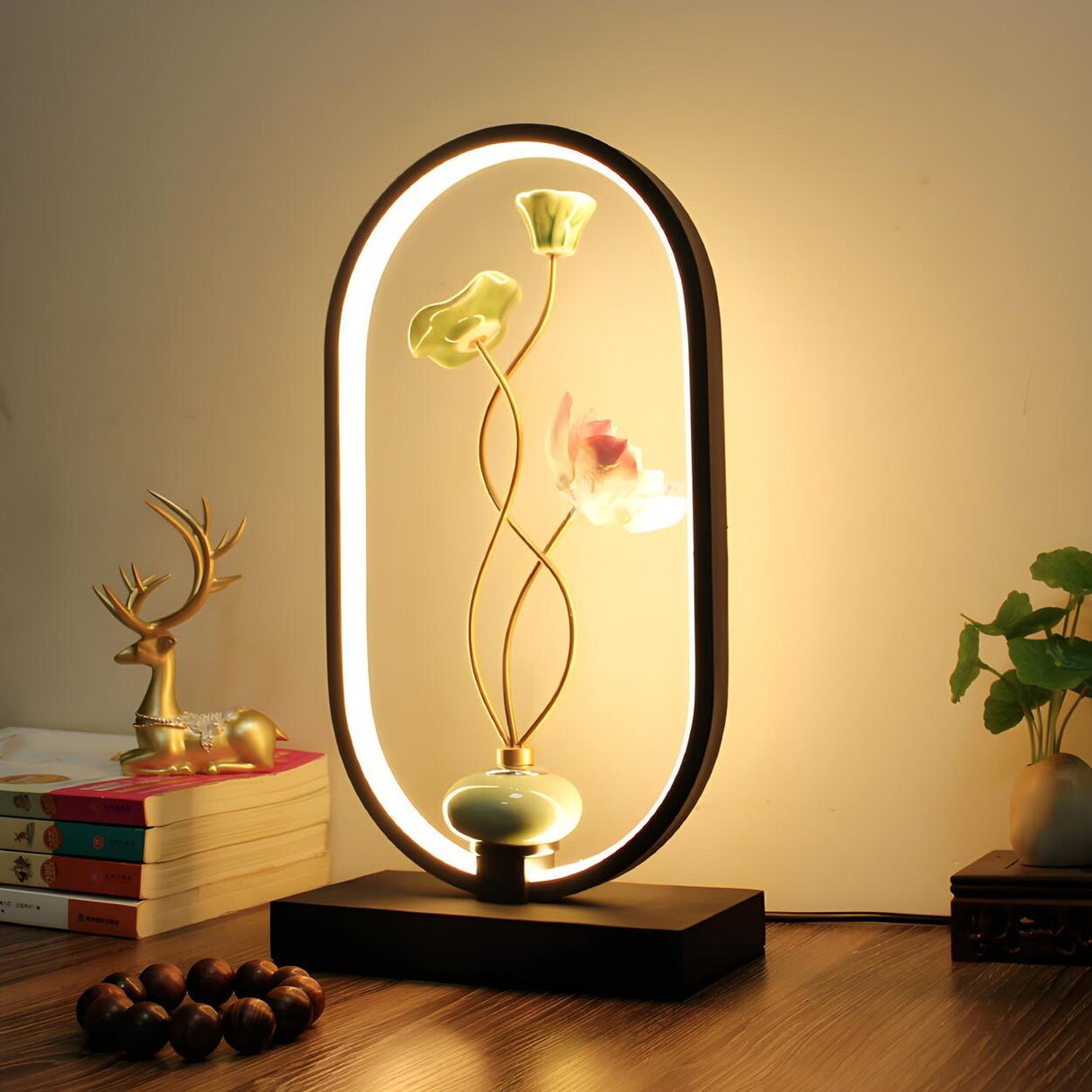 Elegant Lotus Black Geometric Frame Decor Table Lamp Image - 16