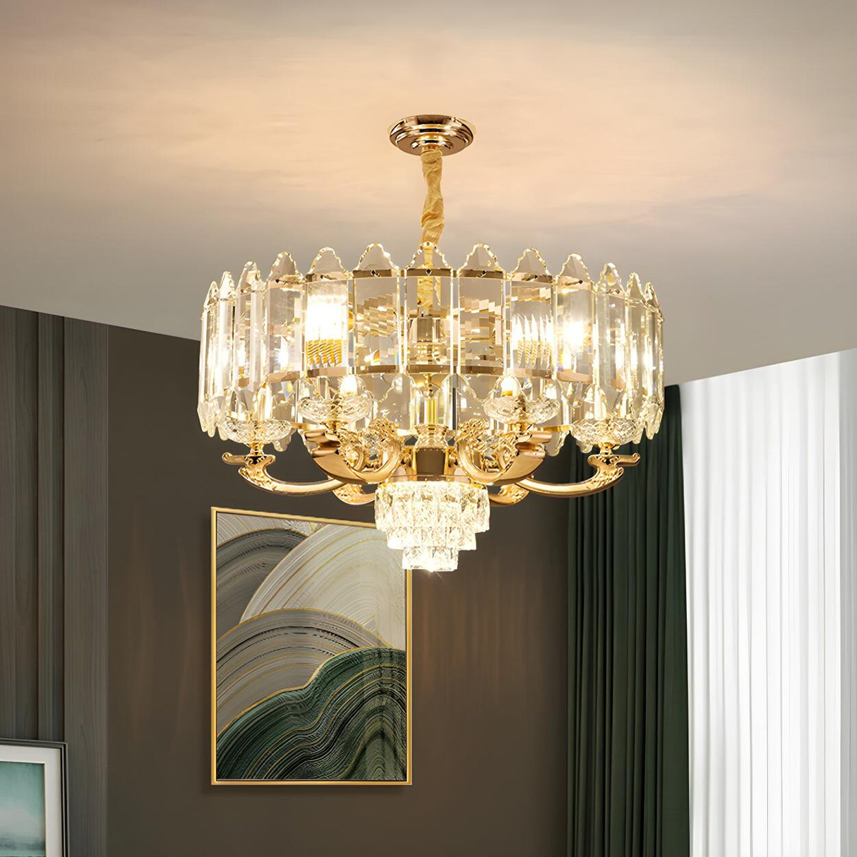 Elegant Luxury Gold Panel Crystal Living Room Chandelier Image - 1