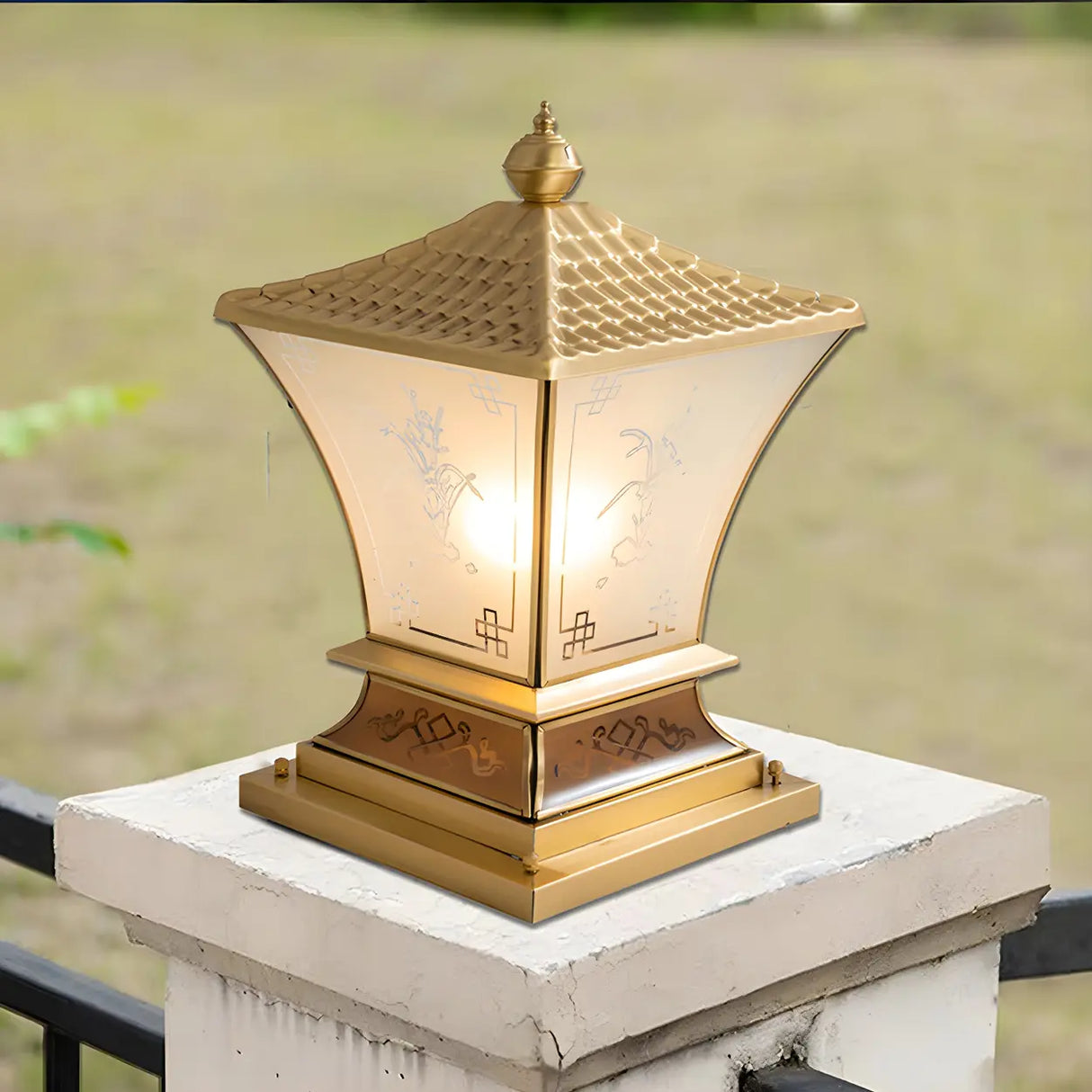 Elegant Metal Bronze Finish Lantern Outdoor Table Lamp Image - 15