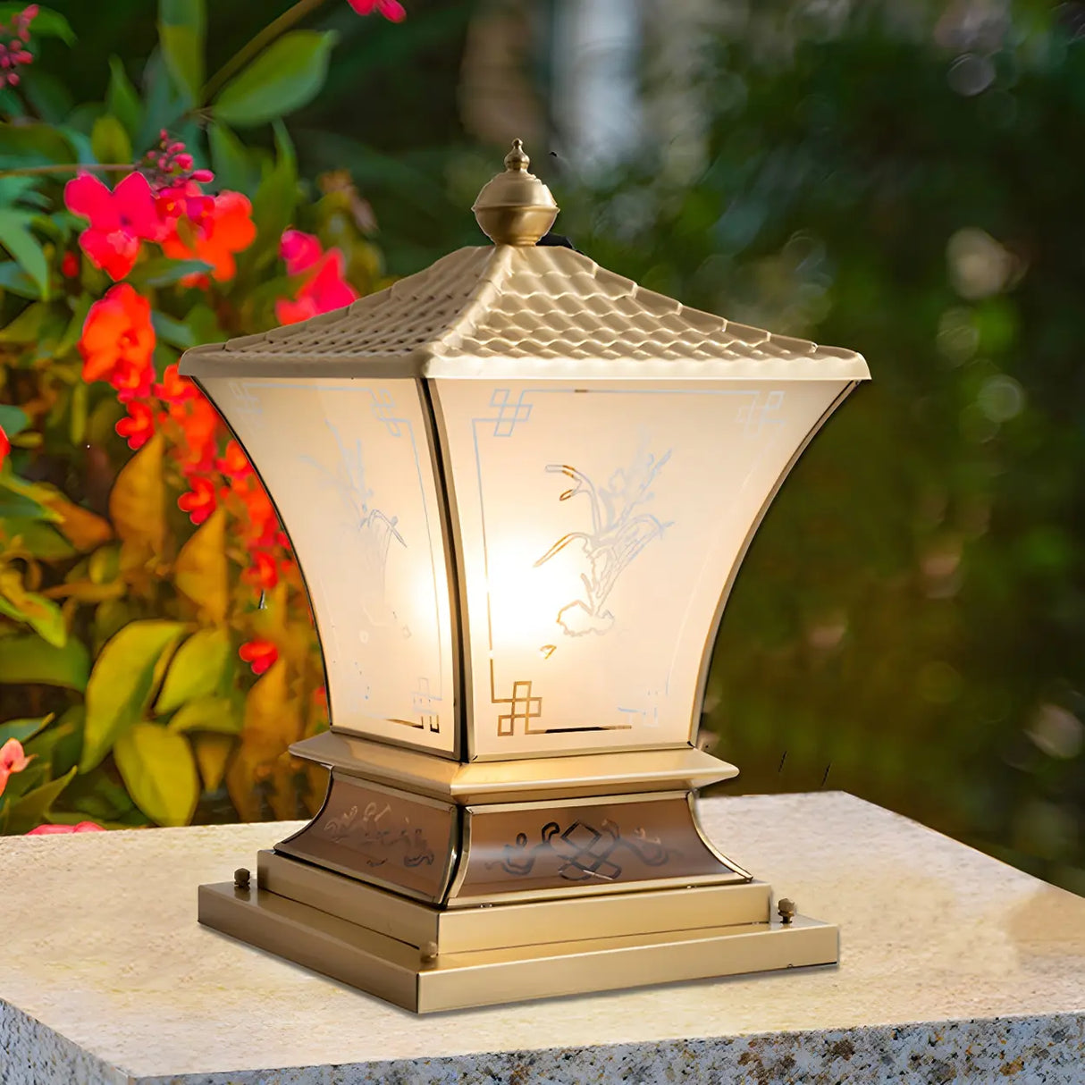 Elegant Metal Bronze Finish Lantern Outdoor Table Lamp Image - 5