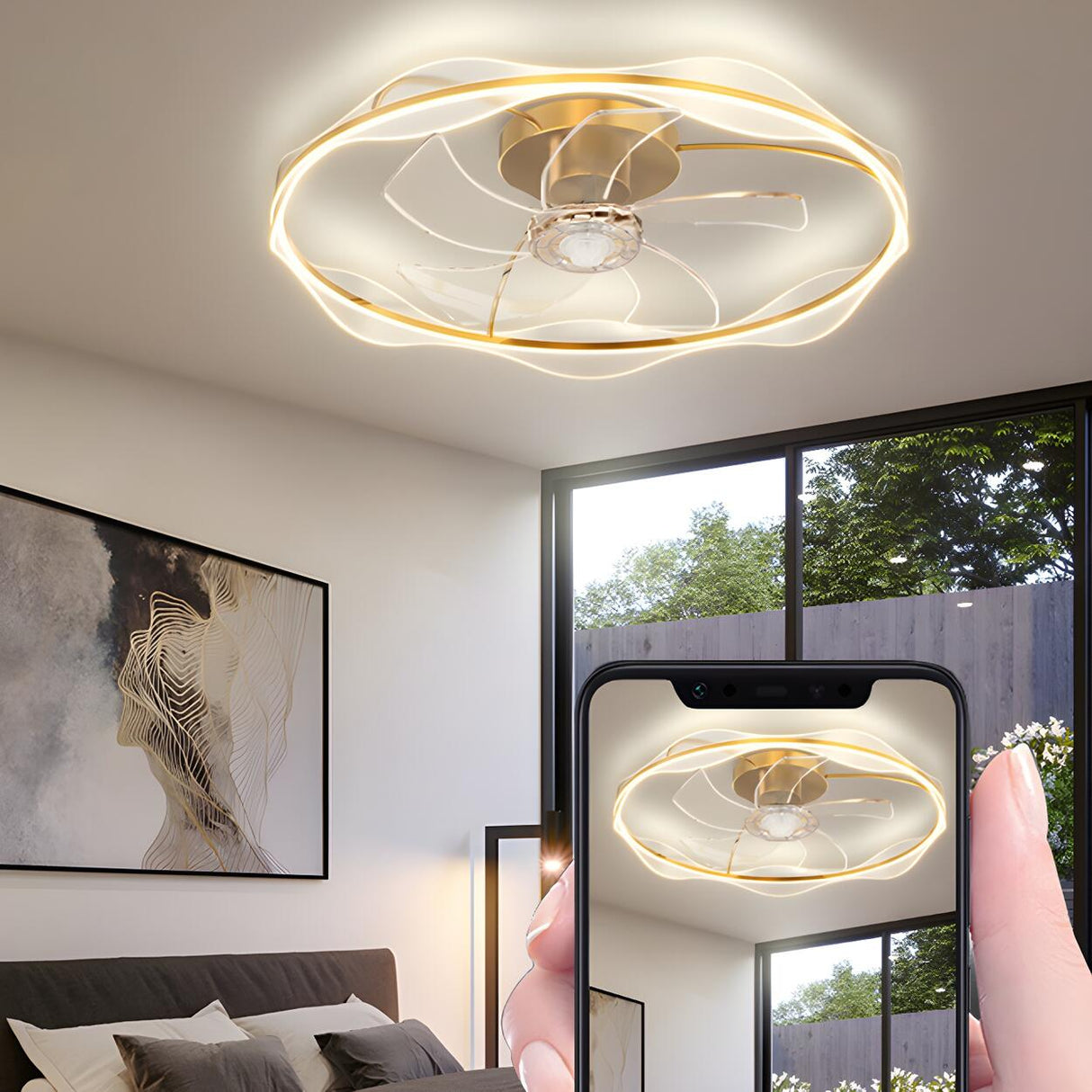 Elegant Metal Finish Ring LED Ceiling Fan with Light Image - 15