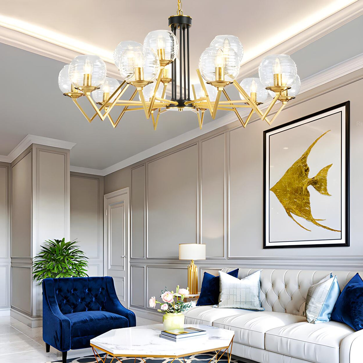 Elegant Modern Clear Glass Globes Gold Pendant Chandelier Image - 8