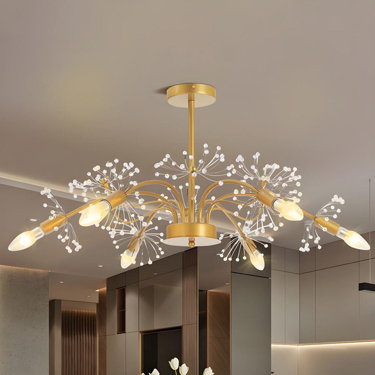 Elegant Modern Gold Crystal Dandelion Ceiling Chandelier Image - 1