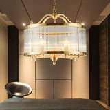 Elegant Modern Gold Ribbed Glass Drum Chandelier Image - 1